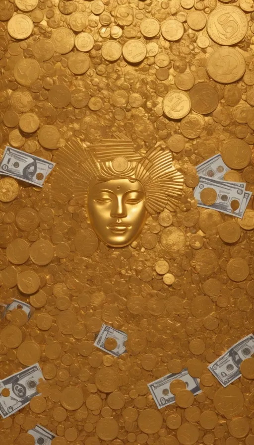 a golden buddha face surrounded by money