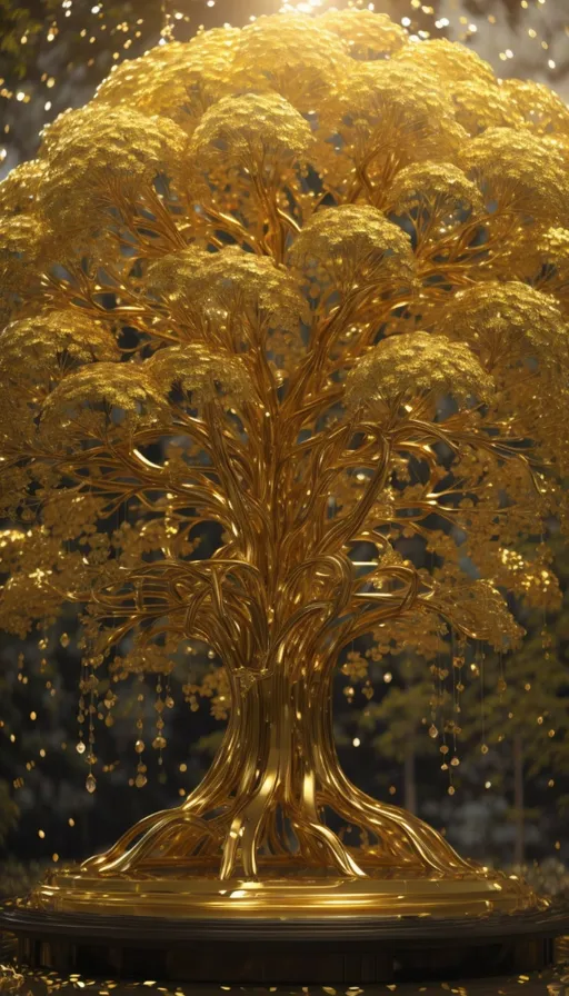 a golden tree in the middle of a forest