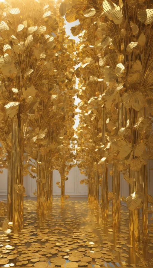 a room filled with lots of golden trees