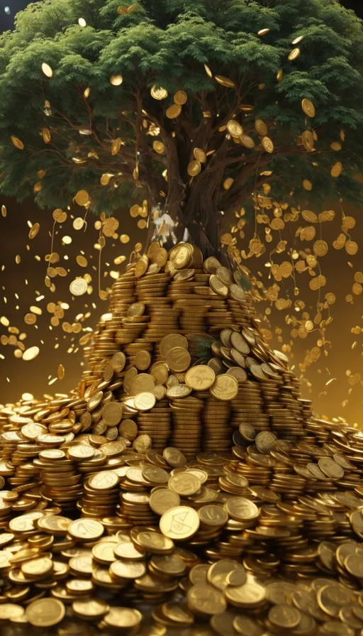 a pile of gold coins with a tree growing out of it