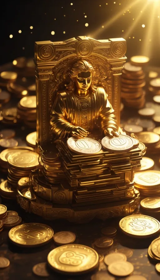 a golden statue sitting on top of a pile of gold coins