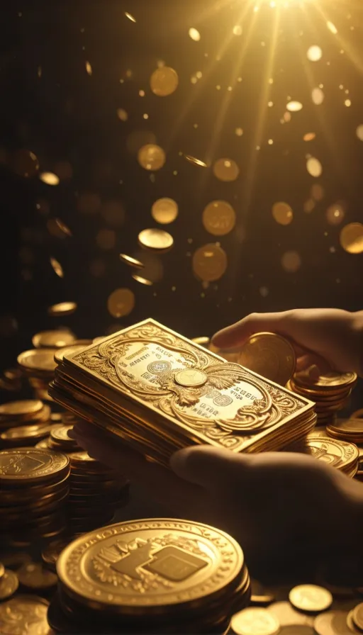 a person holding a golden playing card surrounded by gold coins