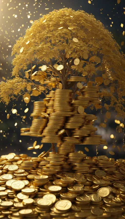 a golden tree on top of a pile of gold coins