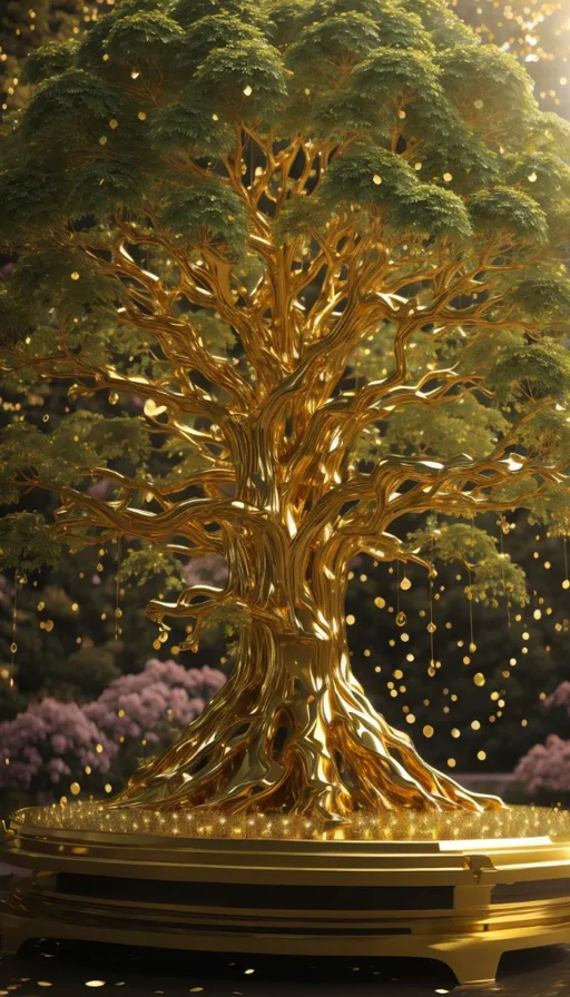 a golden tree is in the middle of a park : 2 | blurry, ugly, deformed, jpeg, low resolution : -1