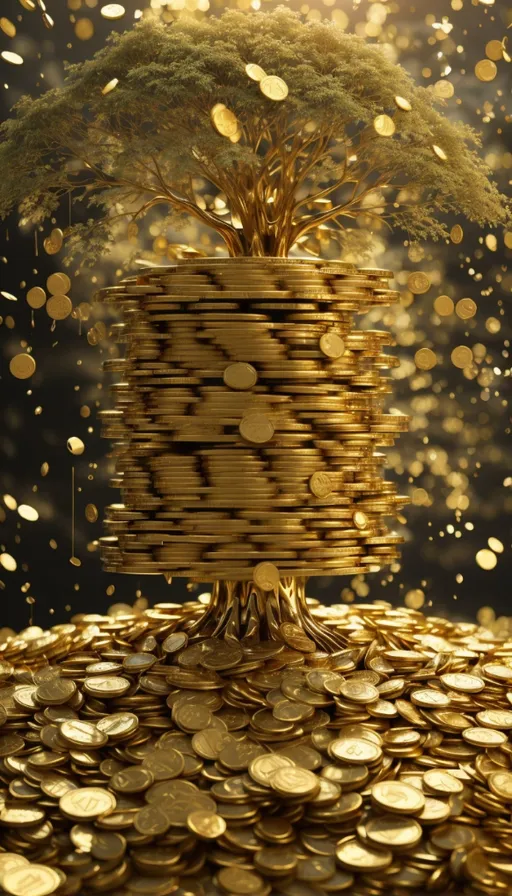 a tree on top of a pile of gold coins : 2 | blurry, ugly, deformed, jpeg, low resolution : -1