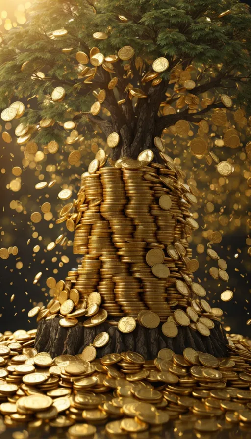 a pile of gold coins sitting on top of a tree