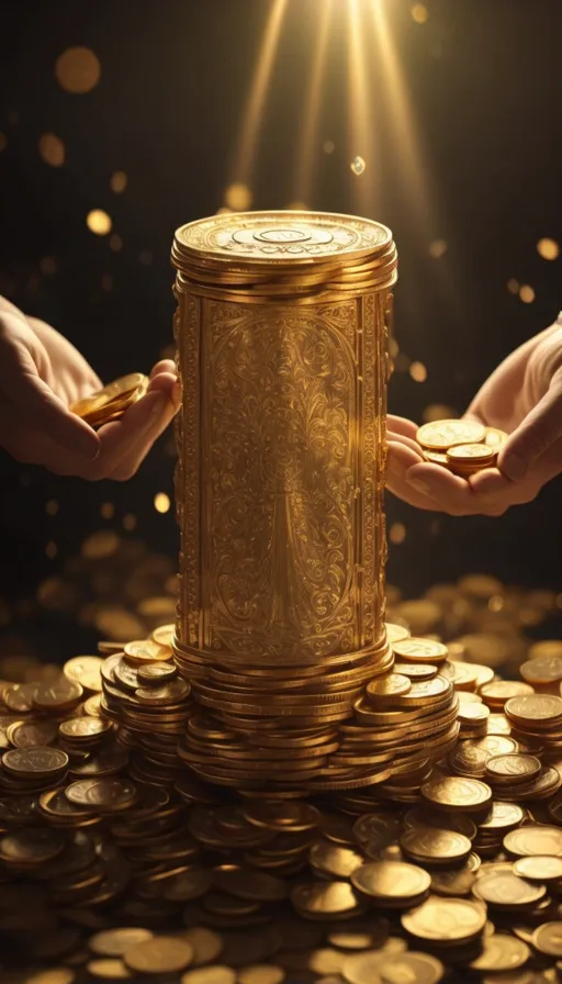 two hands are holding a golden box on top of a pile of gold coins