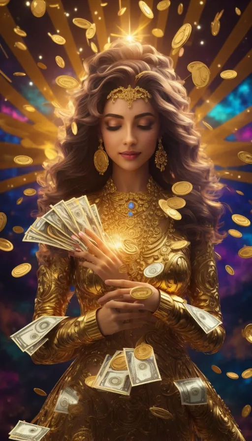 a woman in a gold dress holding money