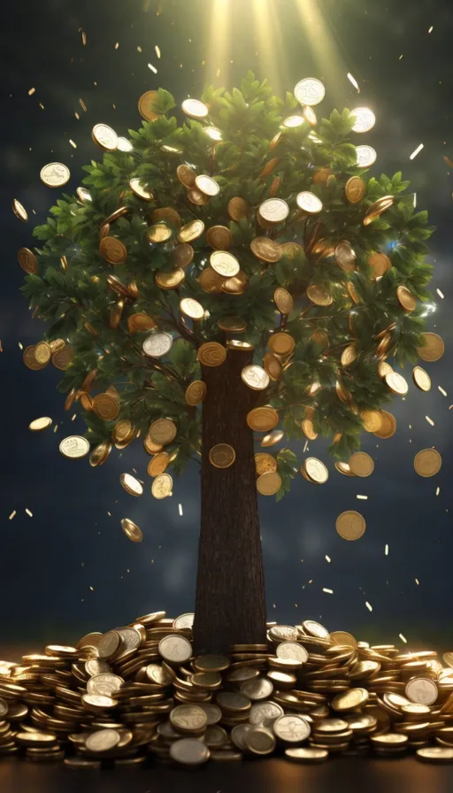 a tree that is sitting on top of a pile of coins