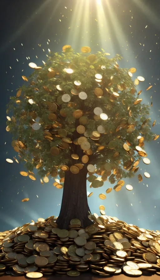 a tree on top of a pile of coins