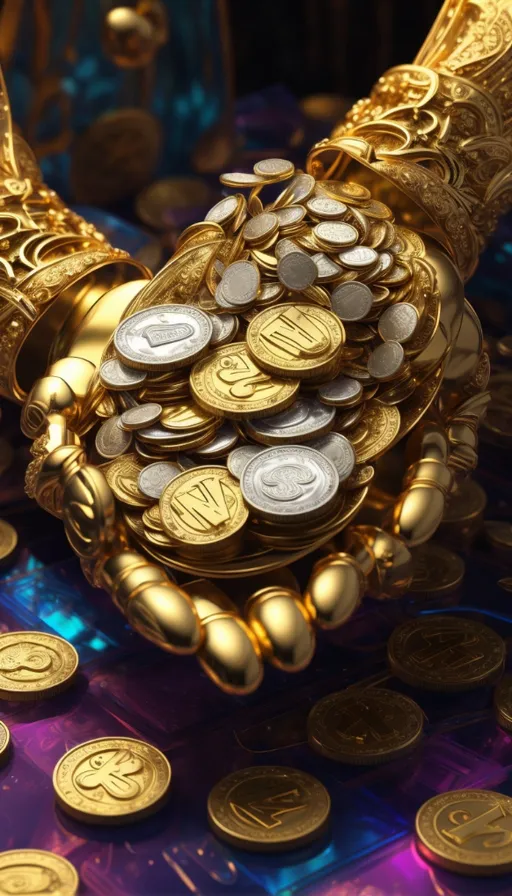 a pile of gold coins sitting on top of a table