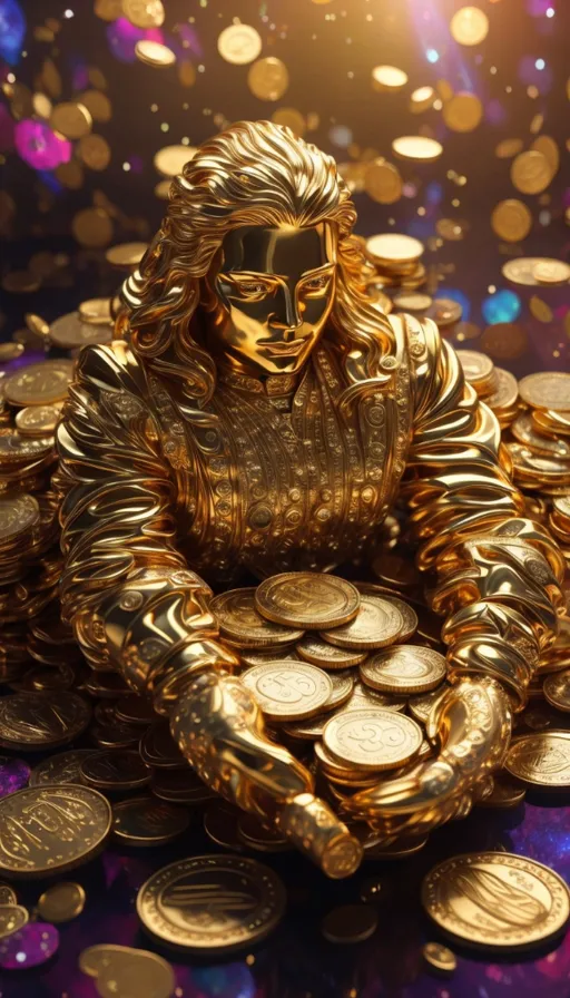 a gold statue sitting on top of a pile of coins