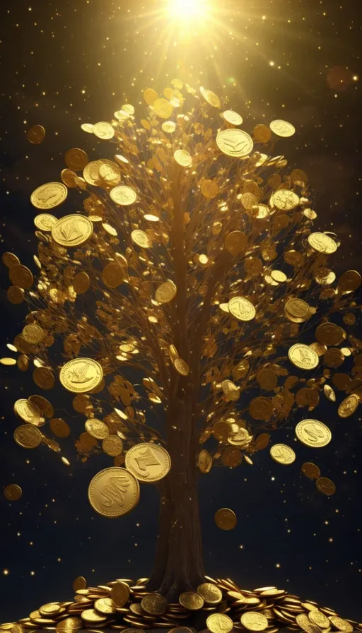 a tree made out of gold coins with the sun shining in the background