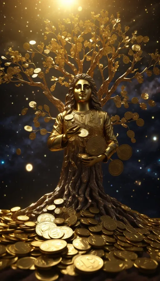 a golden statue sitting on top of a pile of coins