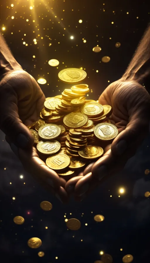 two hands holding a pile of gold coins