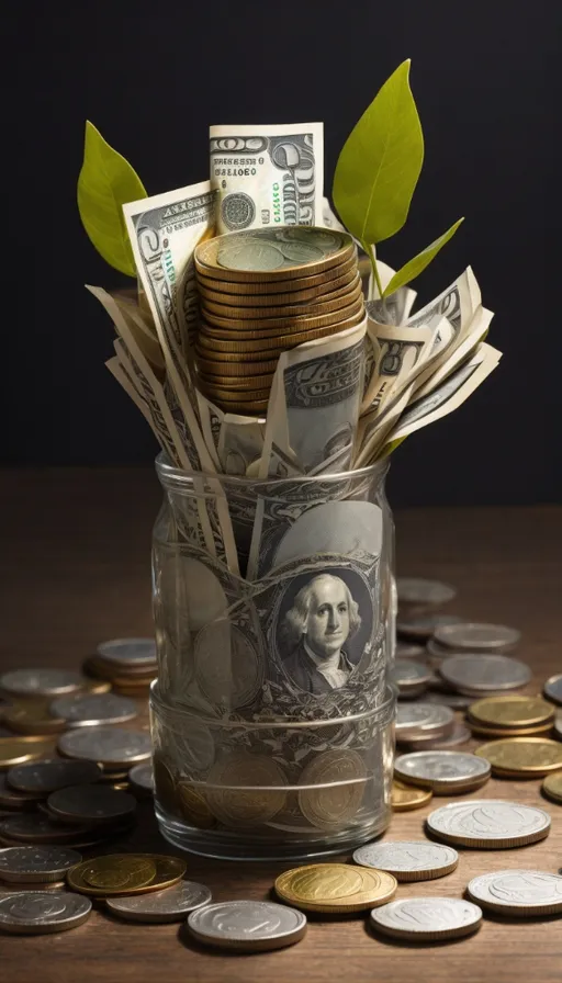 a glass jar filled with money sitting on top of a table