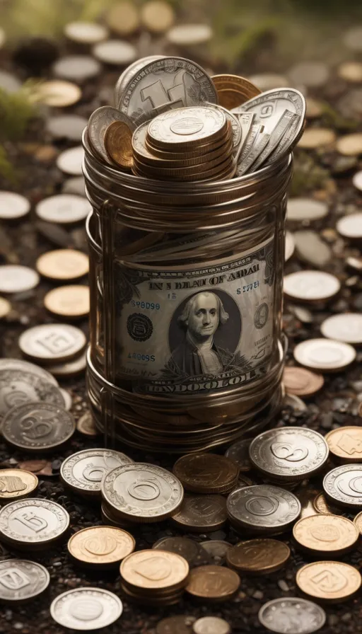 a jar filled with money sitting on top of a pile of coins