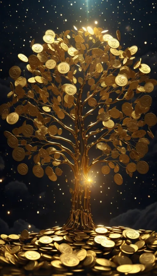 a golden tree on top of a pile of coins