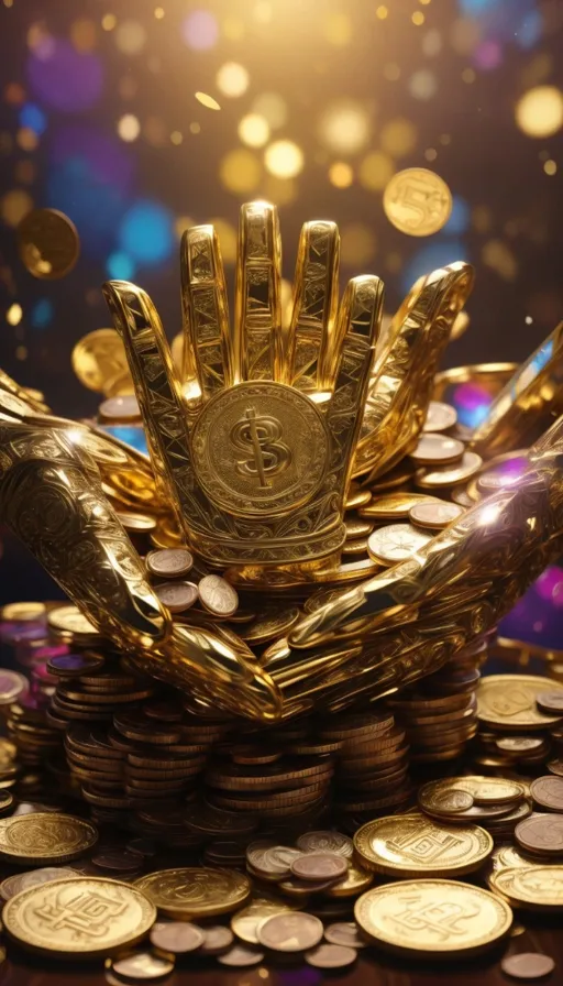 a pile of gold coins with a hand on top of it