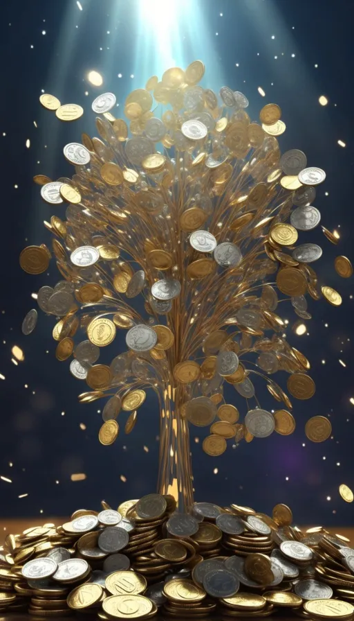 a pile of coins with a tree on top of it