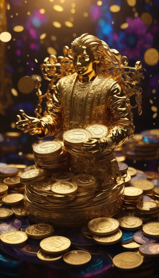 a golden statue sitting on top of a pile of coins