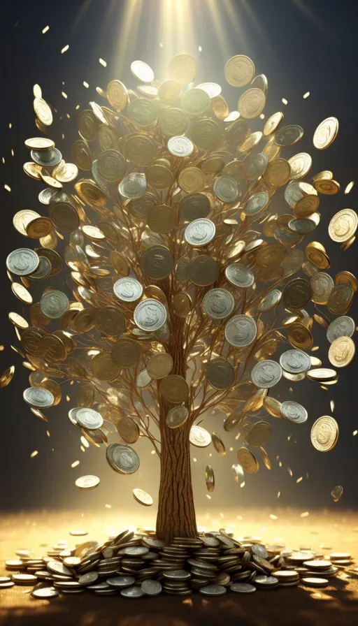 a tree made out of coins sitting on top of a pile of coins