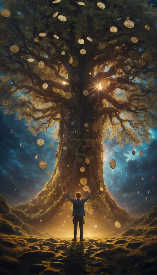 a man standing in front of a tree with coins falling from it