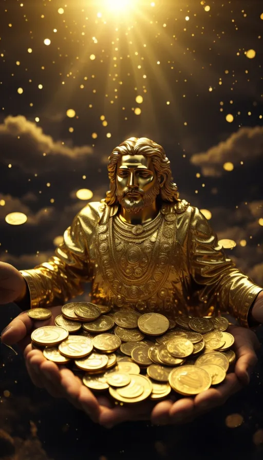 a golden statue of buddha holding a pile of gold coins