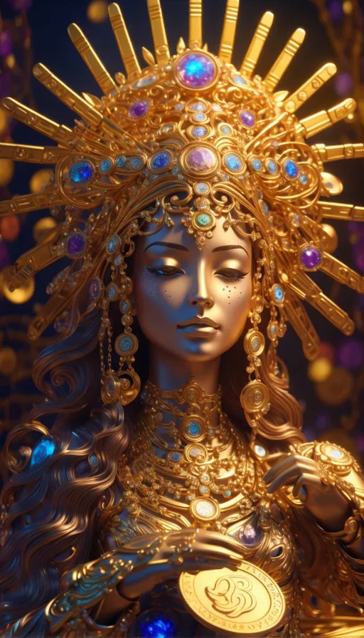 a statue of a woman wearing a gold headdress