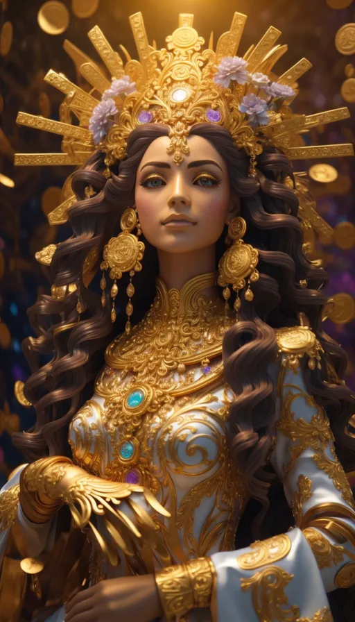 a statue of a woman in a golden outfit