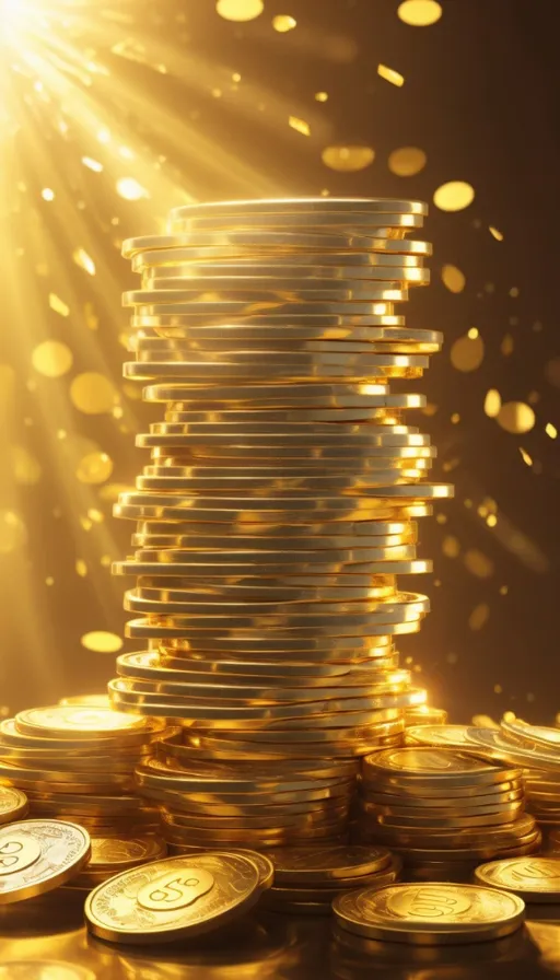 a pile of gold coins with the sun shining in the background