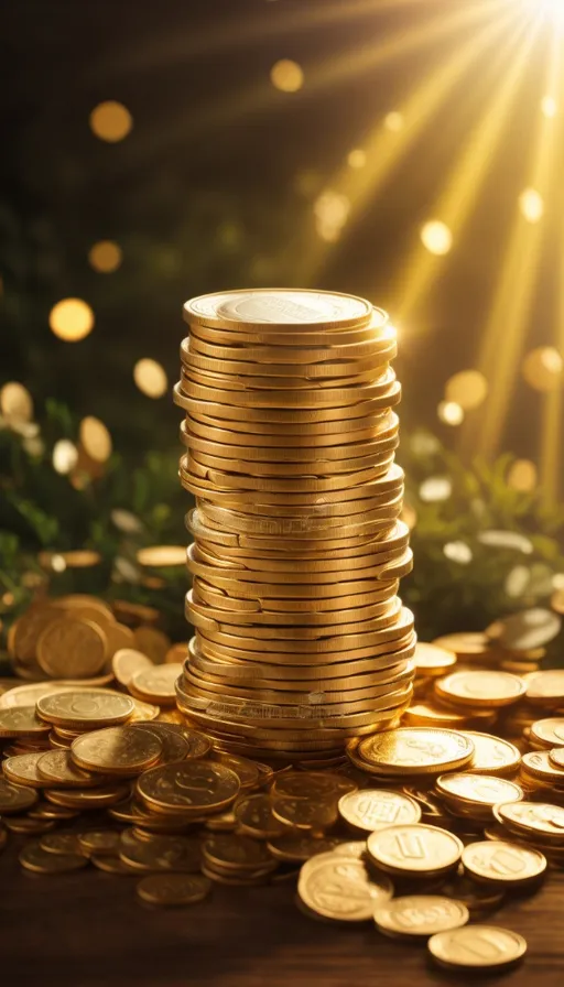 a stack of gold coins sitting on top of a wooden table