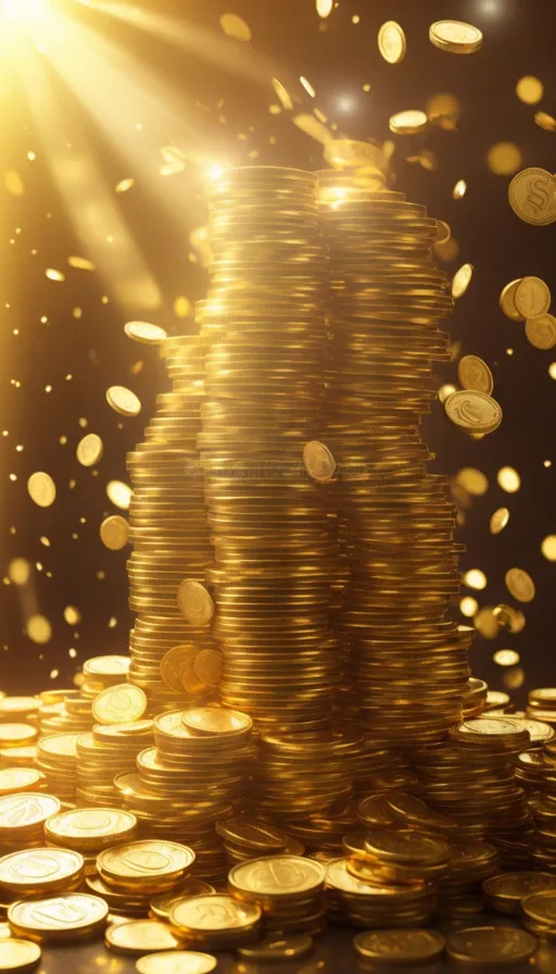 a pile of gold coins with the sun shining behind it