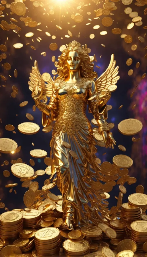 a golden angel standing on a pile of gold coins