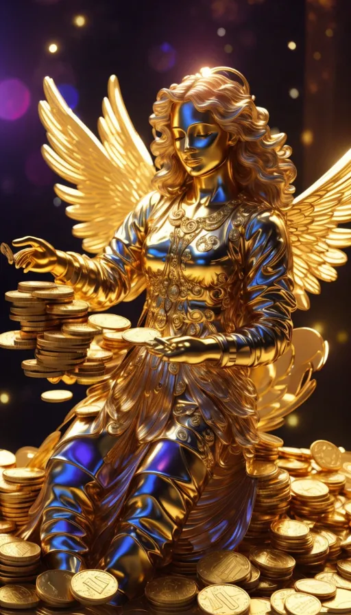 a statue of an angel sitting on a pile of gold coins