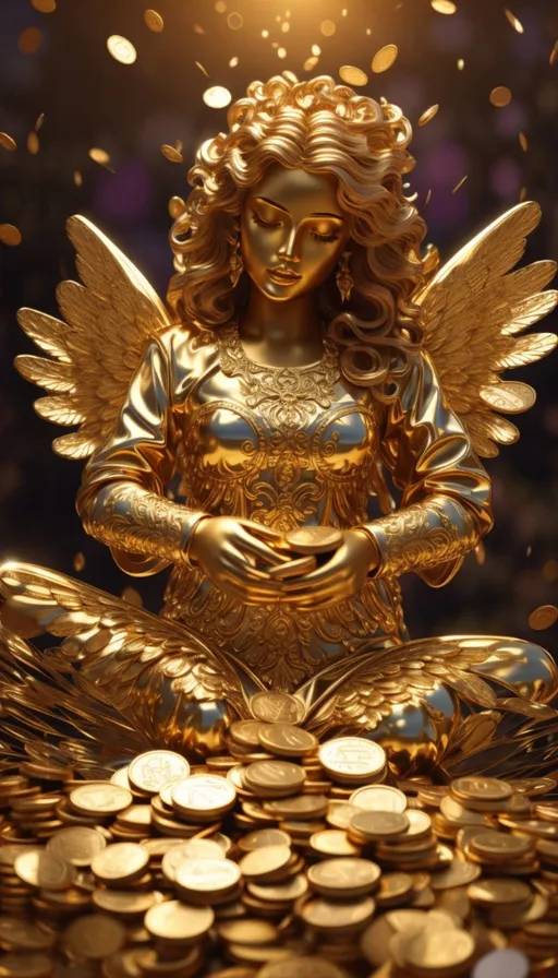 a golden angel statue sitting on top of a pile of gold coins