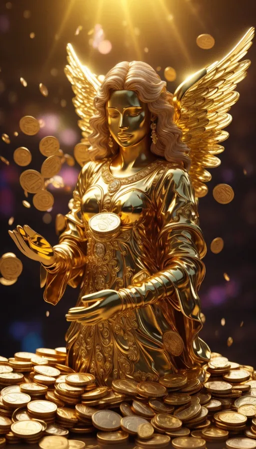 a golden angel statue sitting on top of a pile of coins