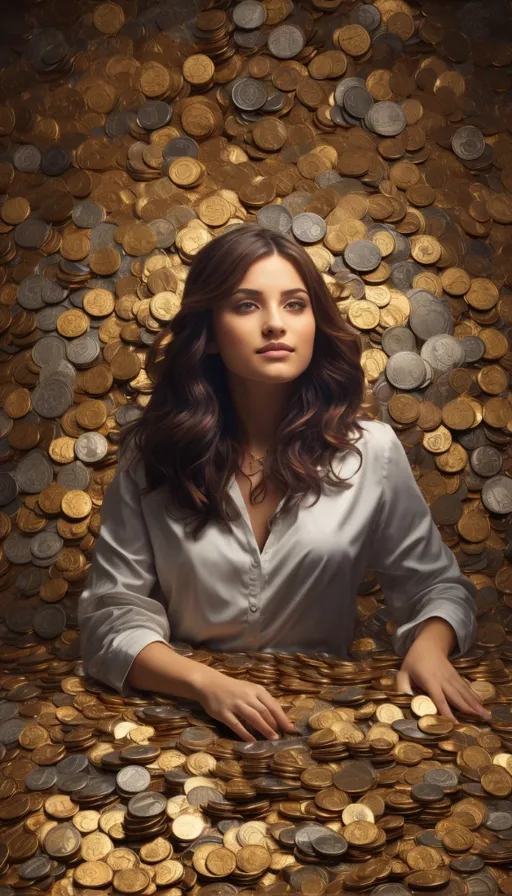 a woman sitting in front of a pile of coins