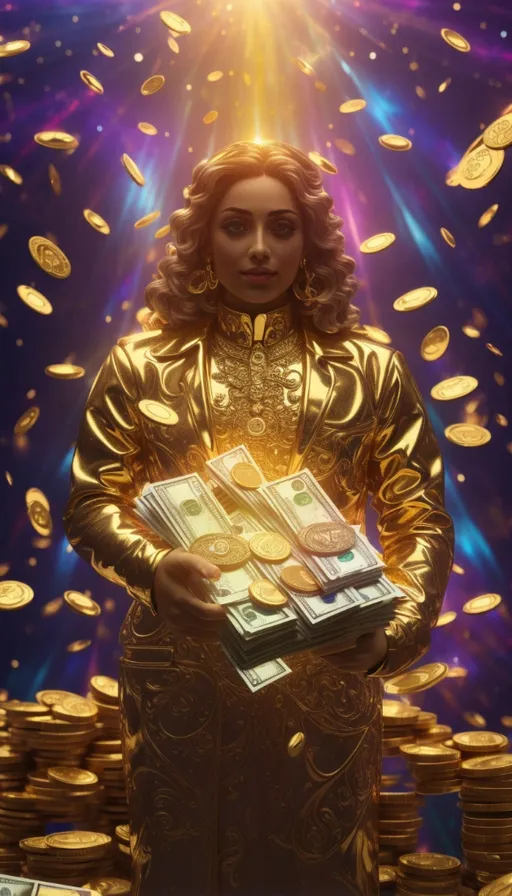 a woman in gold holding a stack of money