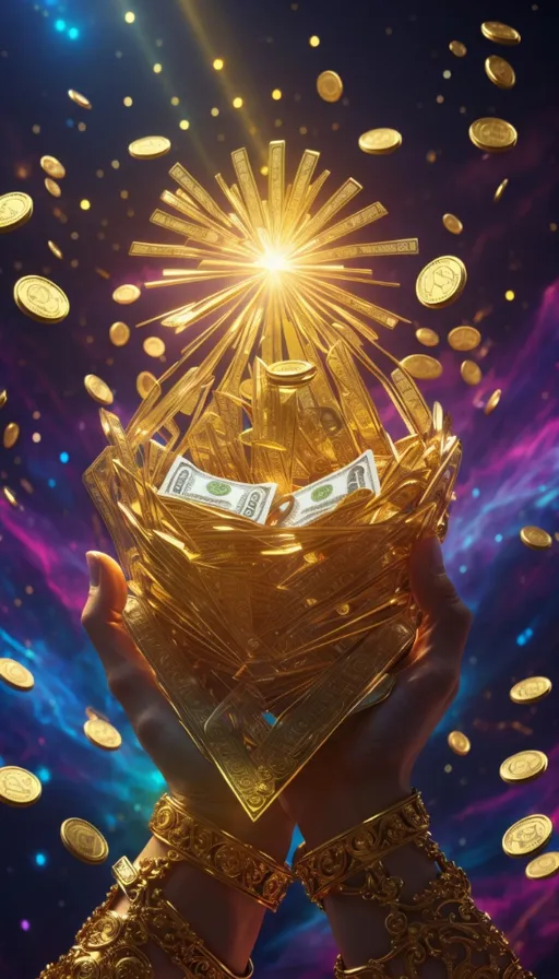 a person holding a golden trophy with money coming out of it