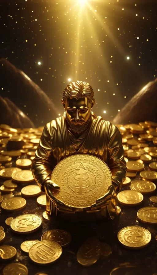 a statue of a man holding a plate of gold coins