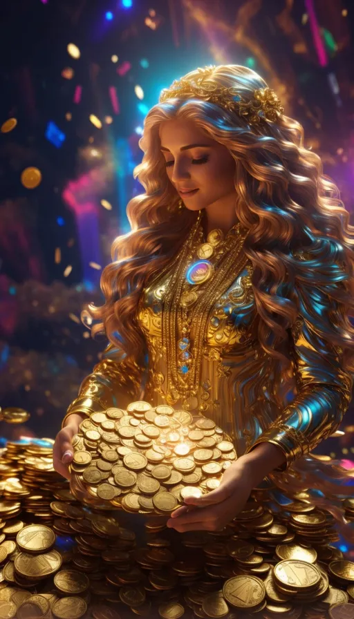 a woman in a gold dress holding a gold coin