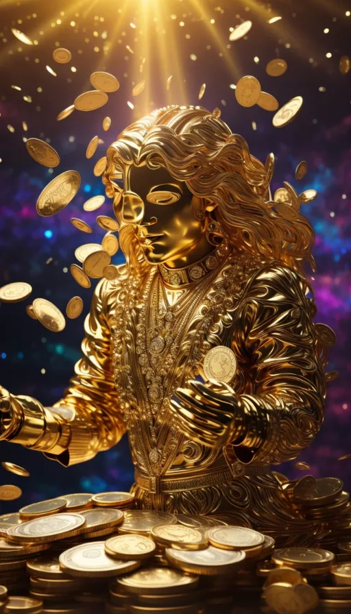 a golden statue sitting on top of a pile of coins