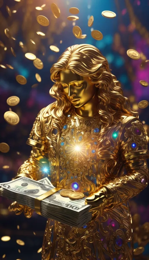 a golden statue holding a stack of money