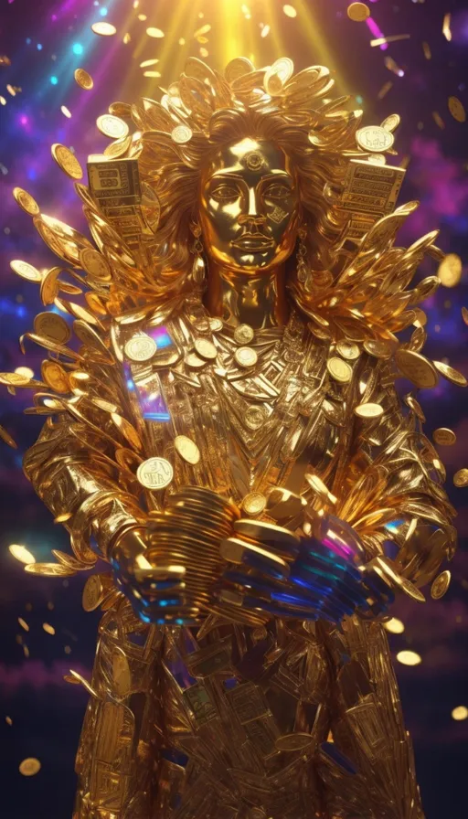 a golden statue of a person surrounded by confetti