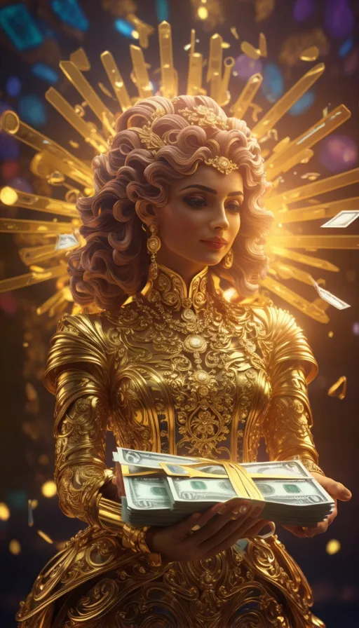 a woman in a golden dress holding a stack of money