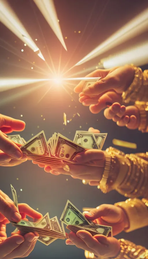 a group of people holding money in their hands