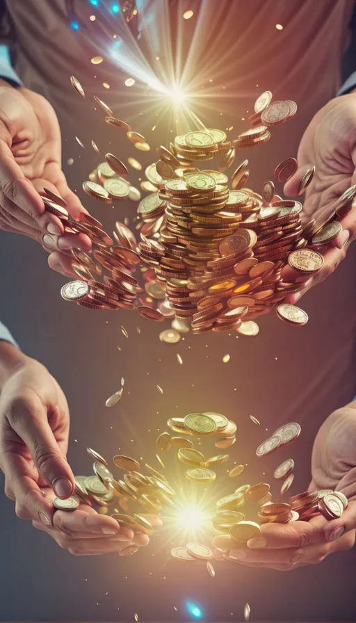 a group of people holding out their hands over a pile of coins