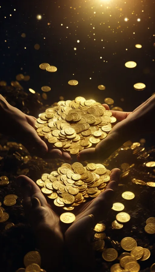 two hands holding a pile of gold coins