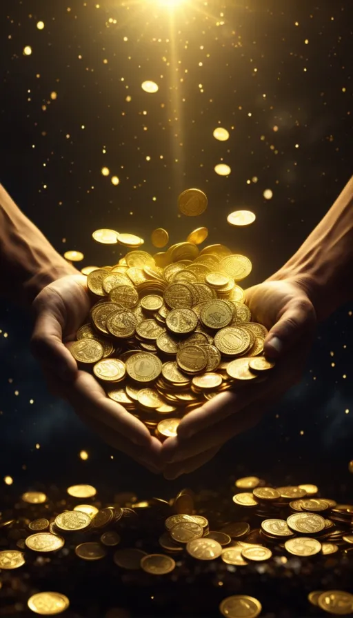 a person holding a handful of gold coins in their hands